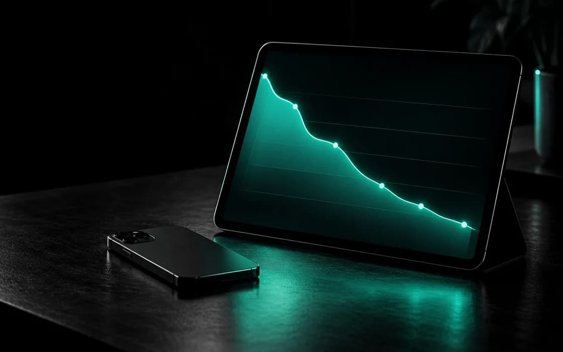 Tablet na tmavom stole s klesajúcim grafom (ilustračný obrázok, bez skutočných čísel)