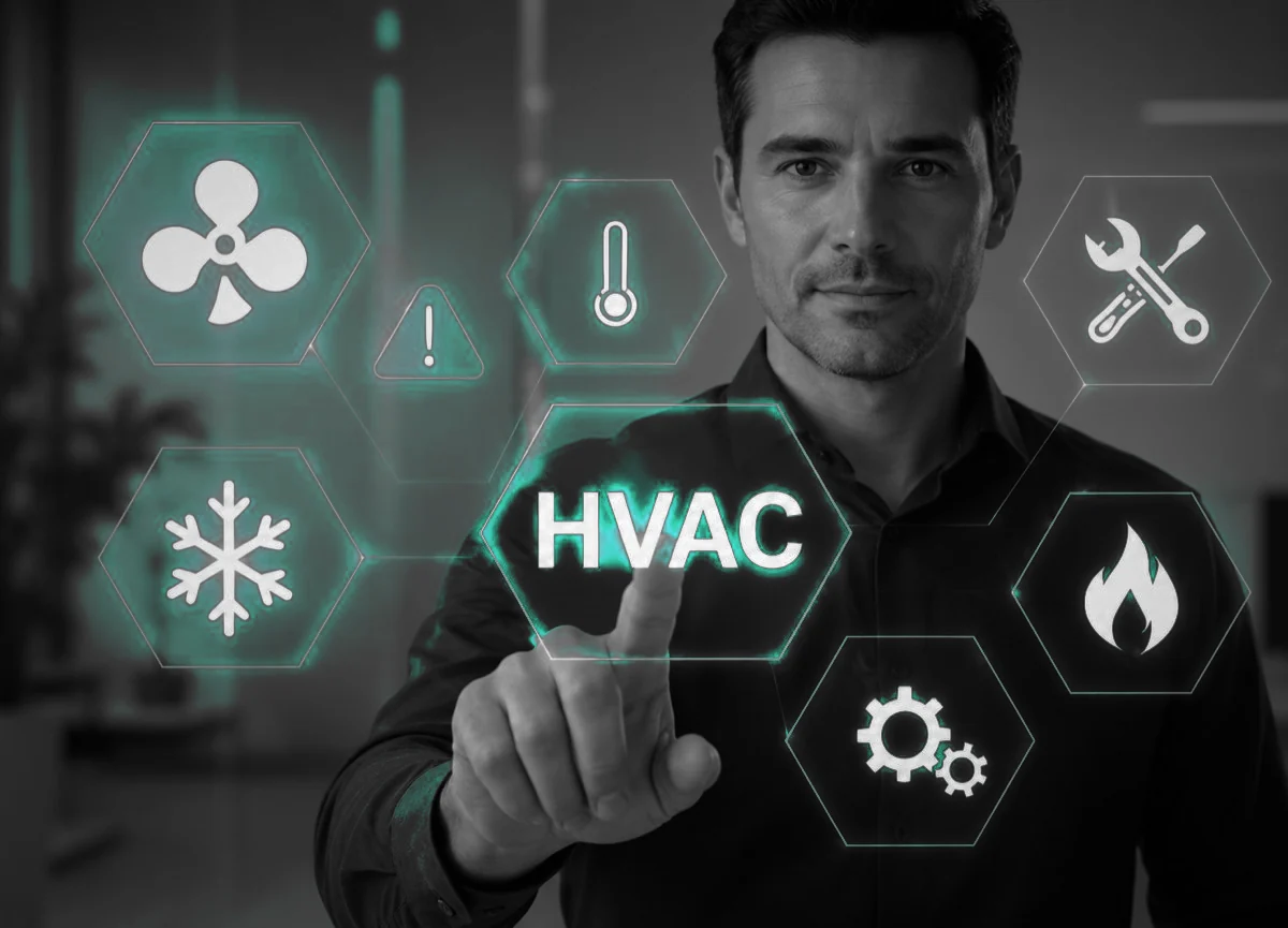Technik klimatizácií ukazuje prstom na holografickú ikonu HVAC medzi ikonami chladenia a kúrenia