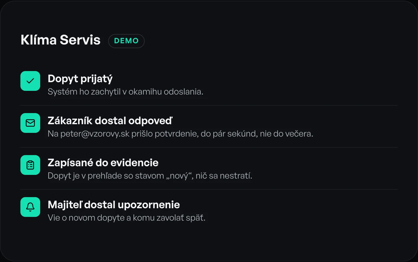 Skúšobňa Klíma Servis DEMO po odoslaní dopytu: dopyt prijatý, zákazník dostal odpoveď, zapísané do evidencie, majiteľ dostal upozornenie