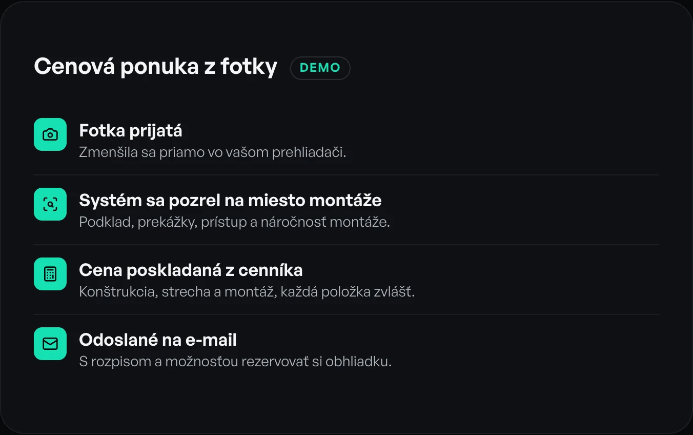 Skúšobňa Tienenie DEMO po odoslaní fotky: fotka prijatá, systém sa pozrel na miesto montáže, cena poskladaná z cenníka, odoslané na e-mail